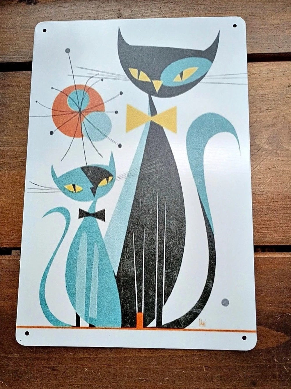 Mid-Century Cat Wall Sign in White & Blue